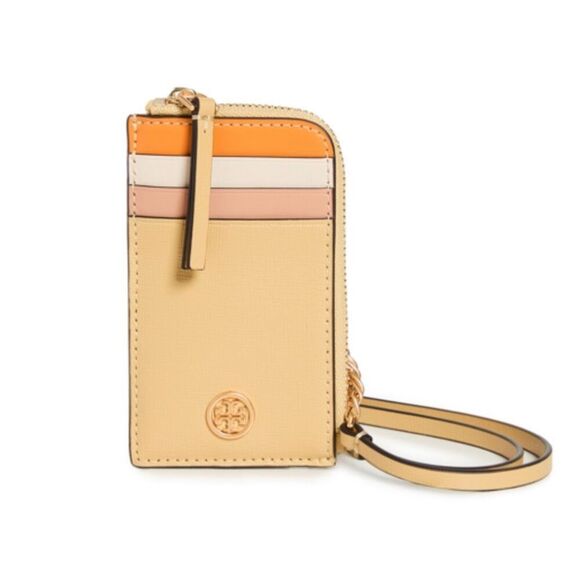 NWT Tory Burch Robinson Colorblock Lanyard Card Holder Beeswax Women's One Size - Picture 1 of 8